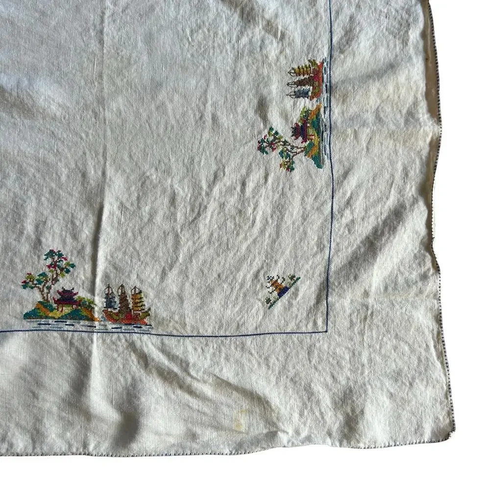Vintage square handmade cross-stitch linen textile Asian pagoda scene